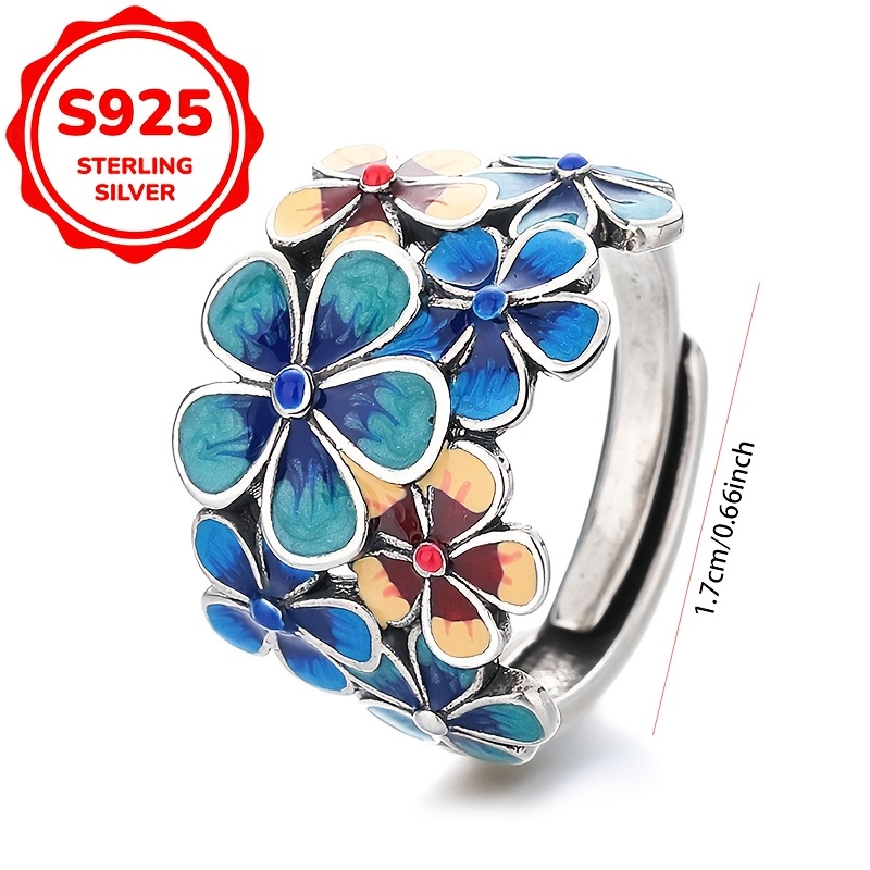 S925 Silver Enamel Floral Ring — Vintage Adjustable Gift